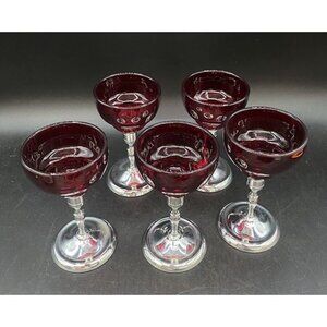 Moondrop Ruby Red Glass Cordial W/ Metal chrome Stem Martinsville Set 5